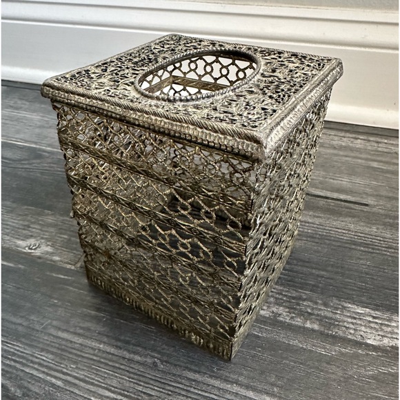 Vintage Metal Tissue Box CoverSquare  Goldish Charcoal Home  Bathroom Decor - Picture 8 of 9